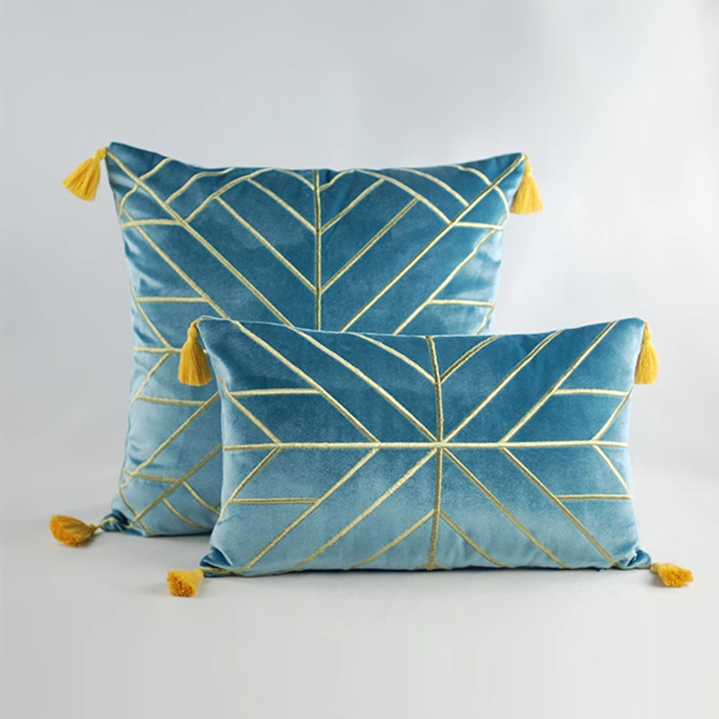 Large 60 x 60 Luxury Designer Geometric Gold Tassel Fringe Velvet Cushion Cover