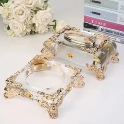 Top quality Pujiang wholesale K9 new luxurious design square shape color crystal ashtray with metal base & crystal napkin box