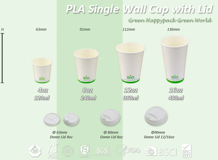 
HAPPYPACK Custom Color Wholesale Disposable High Quality Single Wall Cup Hot Coffee PLA Paper Cups 4/8/10/12/16/20oz Free Sample 