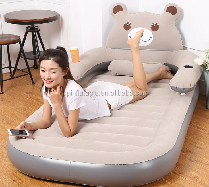 Soft Raised Flocked Fabric airbed twin home use inflatable mattress with built-in Pump kawaii bear style