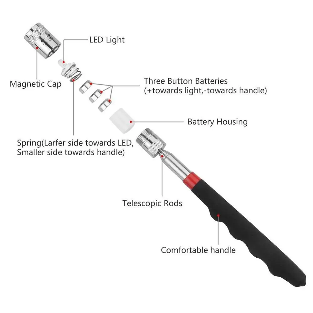 With 2 Telescopic Inspection Mirror Head & LED 5 LBS Magnetic Pick Up Tool 3pcs Inspection Tool Set