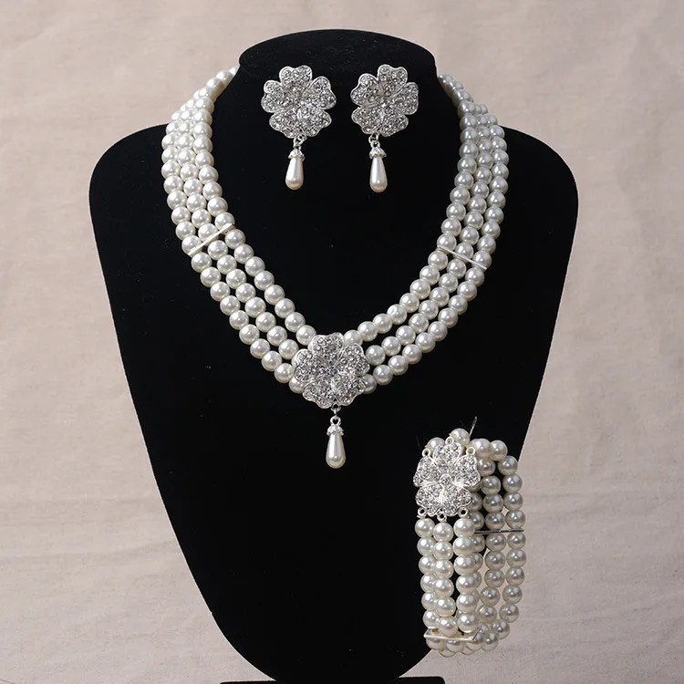 White Pearl jewelry Necklace Earrings Bracelet Bride Jewelry Set