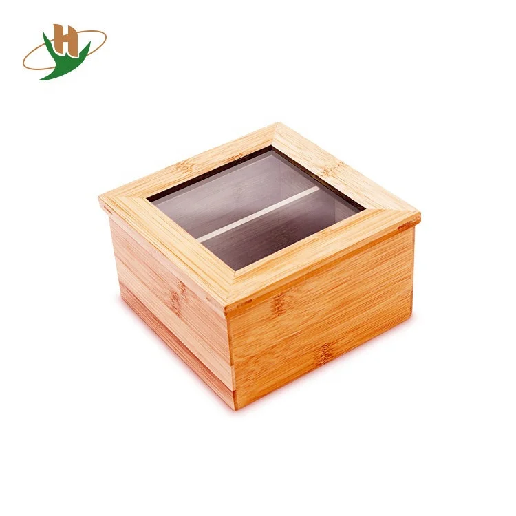 Natural living equally divided solid storage bamboo wood custom tea box with hinged clear lid