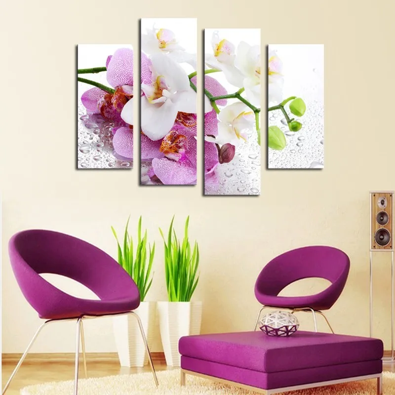 Living Room Decoration Print 4 Panel Floral Wall Art Painting Canvas Waterproof Flower Modern Shrink Wrap 3 Days 2 Years Accept