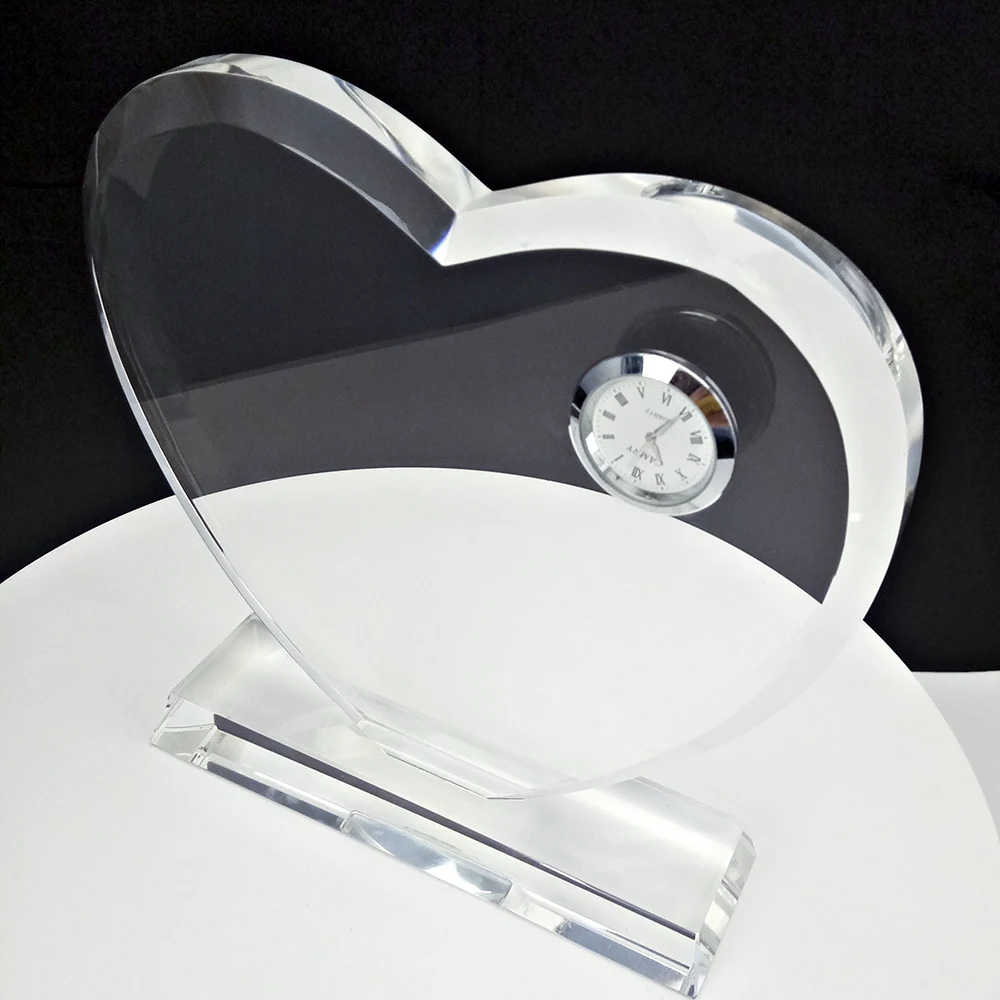 
Hot Sale Souvenir Gift Crystal Clock Wedding Gifts Custom Crystal Table Clock with Transparent Heart Shape 