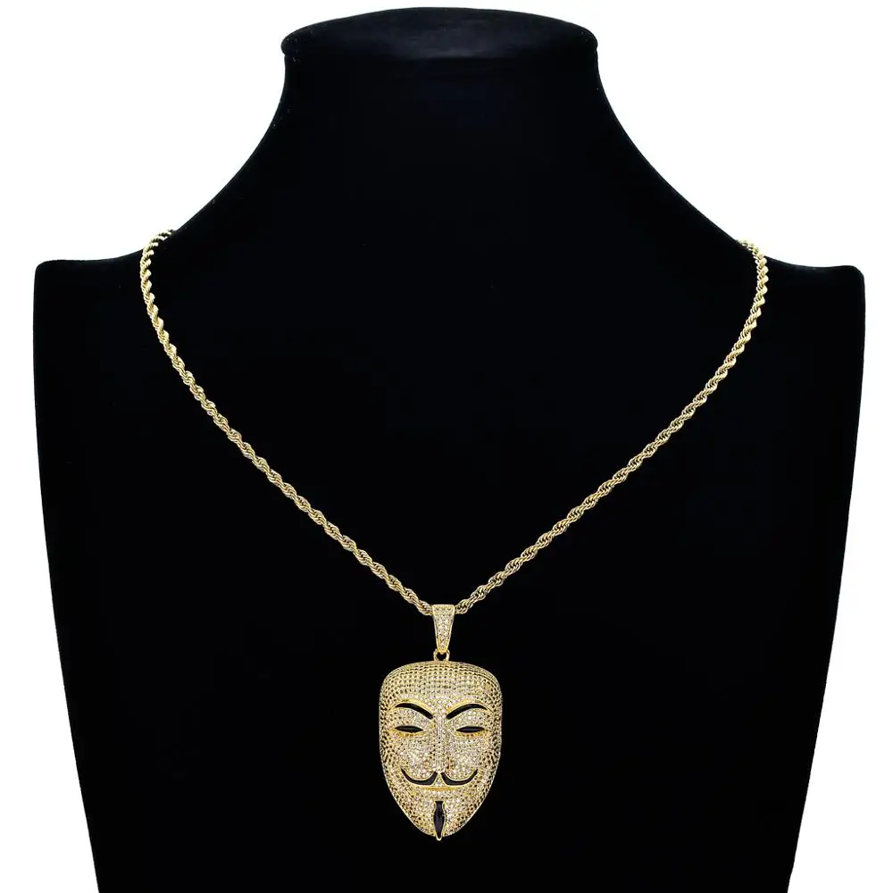American Movie V For Vendetta Character Head Zircon Diamond Pendant Necklace Mens Iced Out Pendant Gold Hiphop Jewelry