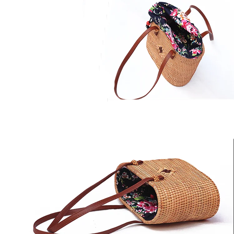 Bali Fashion Flower Lining Women Small Raw Beach Rattan Tote Bag For Vacation