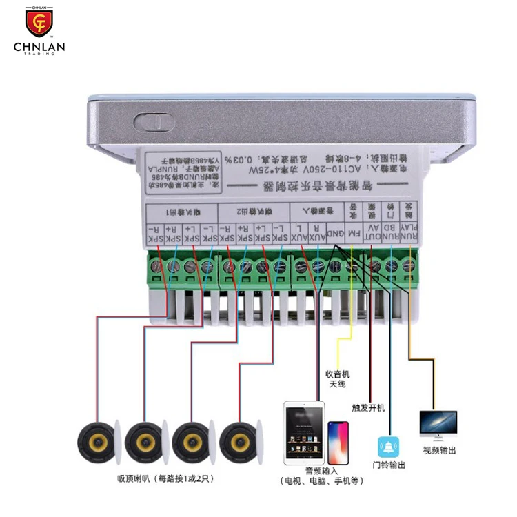 CHNLAN 4 Chnnel 4x25w 86mm Hotel Home Audio Touch Screen Background Music Player with Bluetooths Sd Memory Card CH1866