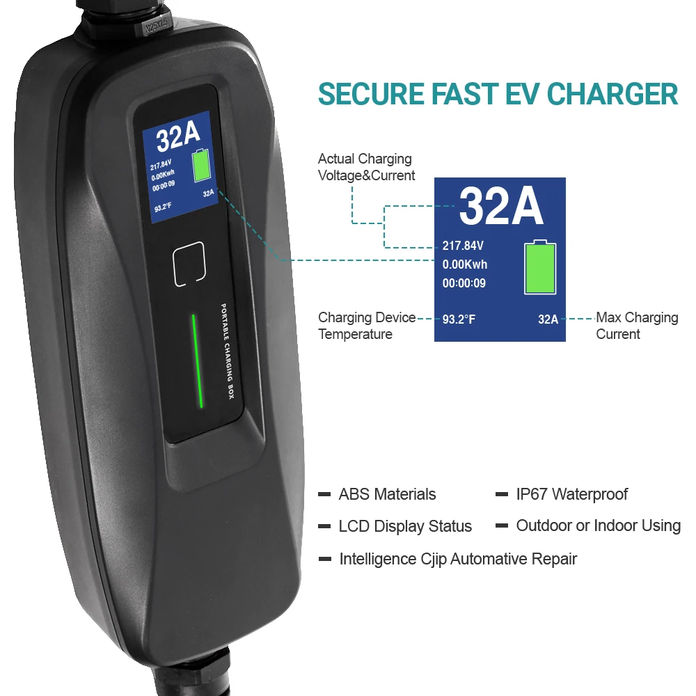32A Electric Vehicle Level 2 Mode2 Cable EV Portable Charger with Type 1 plug and NEMA 14-50