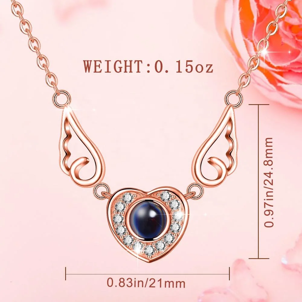 925 Sterling Silver angel wing heart Memory of love 100 Languages Nanotechnology necklace