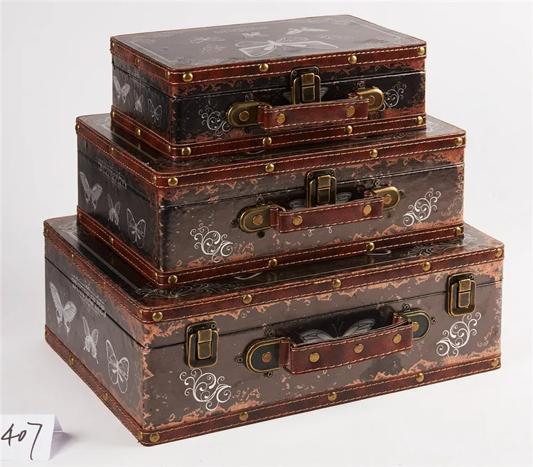 New large decorative craft 3 pieces antique wooden suitcase luggage set