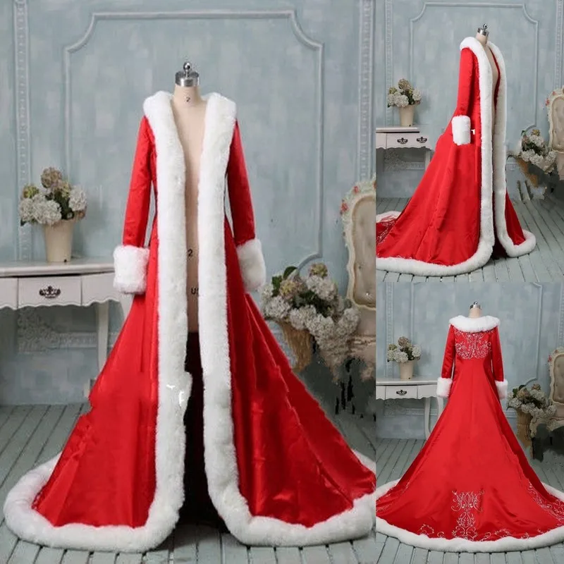 NW1162 Red Embroidery Wedding Cape Cloak Long Sleeve Furs Winter Bridal Coat