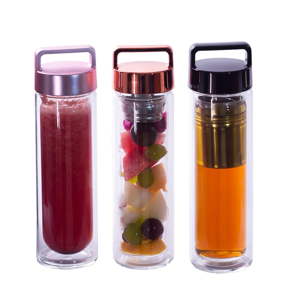 Stocked GA6080 450ML/16OZ shiny loop lid double wall borosilicate glass tea infusion water bottle tumbler