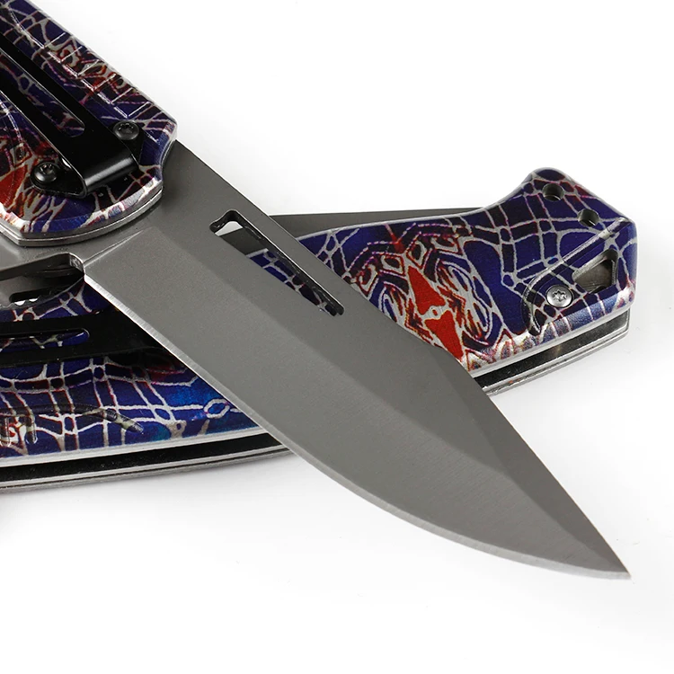 
440C stainless steel folding pocket knife camping knife with 3D printing pattern handle 