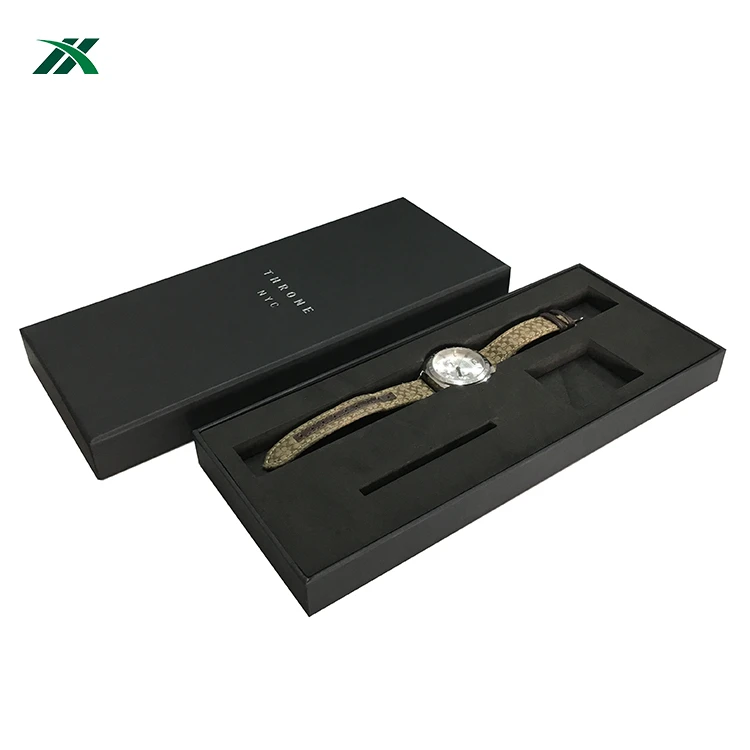 black cardboard watch box packaging with foam inside