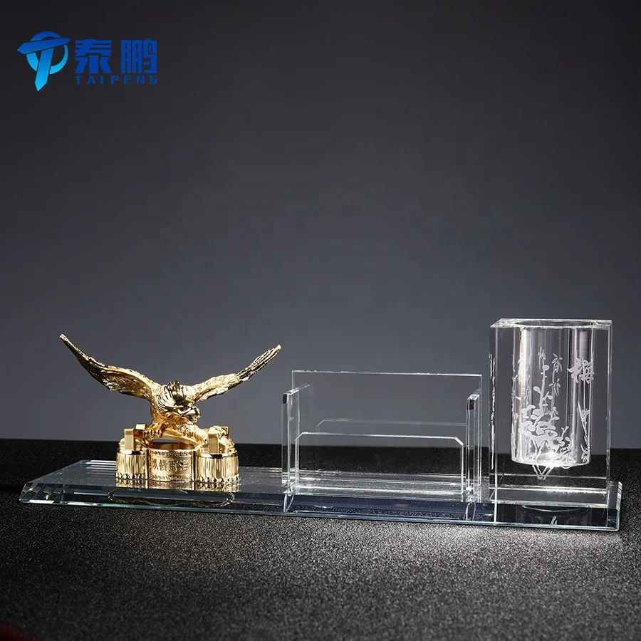 Gorgeous crystal desk set with gold plated glass eagle and engraving pen holder as business gift or decoration