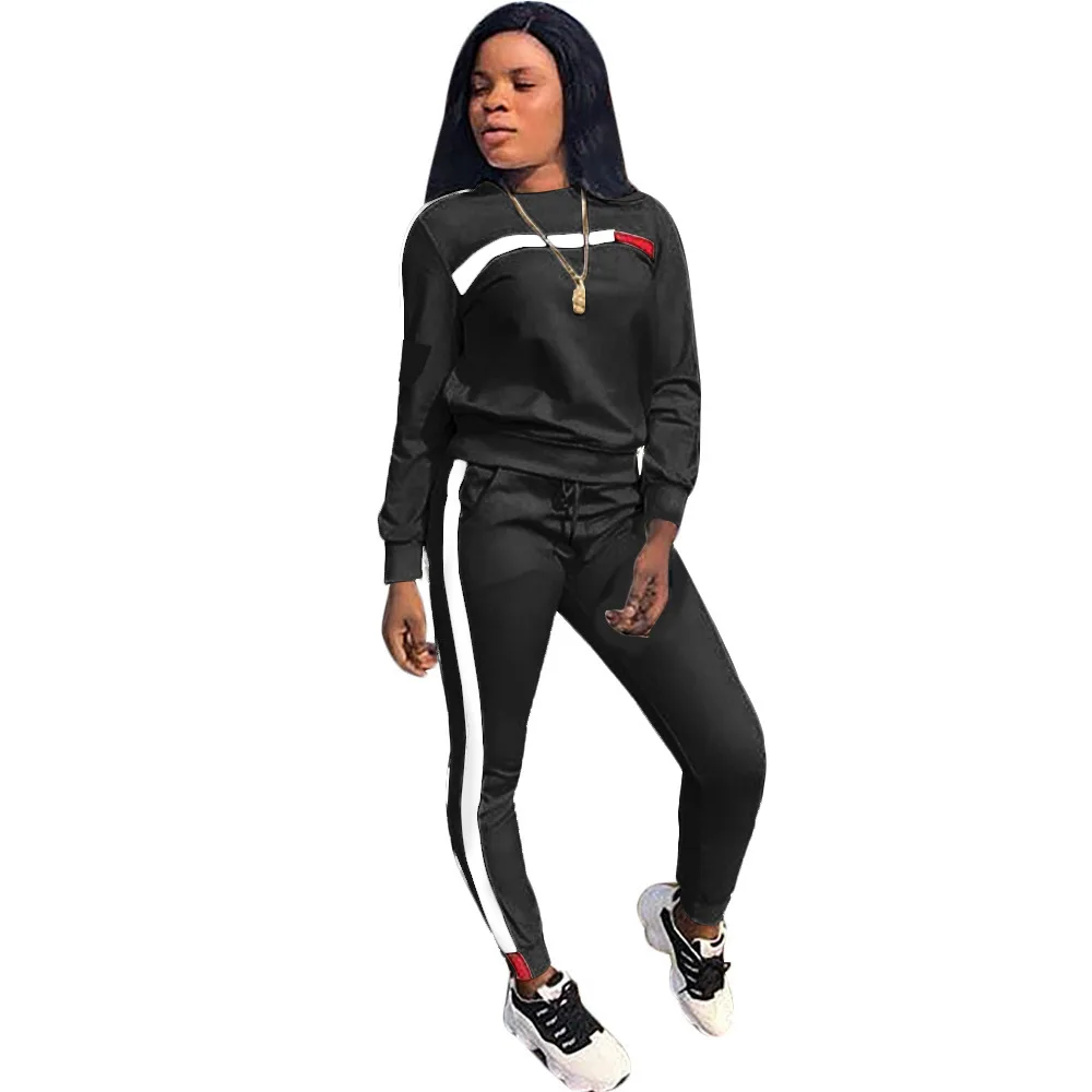 
2021 New Arrivals Fashion Women Casual O-Neck Long Sleeve Sweater Tops long Pants Front Side Striped 2 Piece Set Tracksuit 