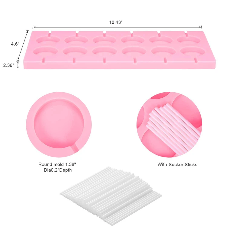 12 cavity round chocolate hard candy silicone lollipop Mold with Sucker Sticks