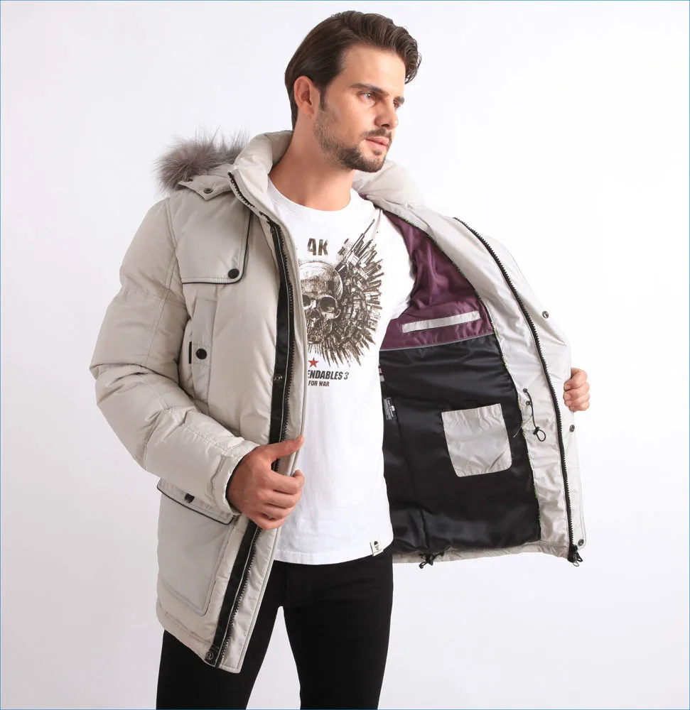 Winter Feather Down Filled Coat White Parka Fur Hooded for Men