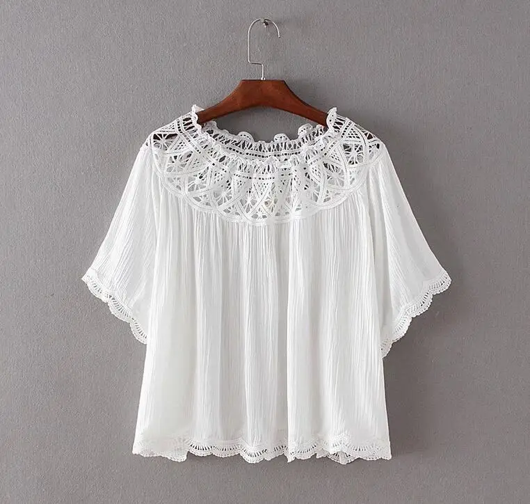 M78 D.Y Fashion ladies summer sexy lace joint boat short neck sleeve white black blouse