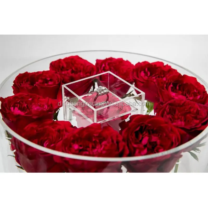Custom Luxury Clear Acrylic Flowers Round Box with Square Ring Box