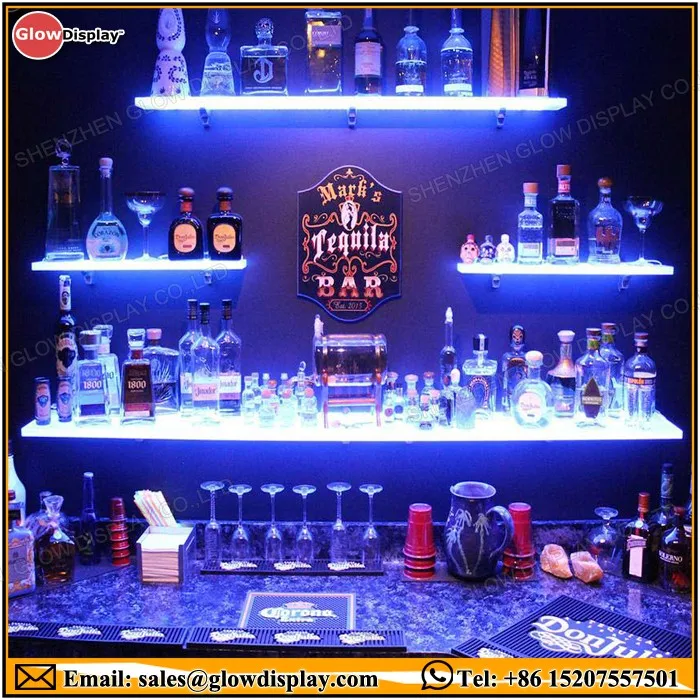 LED Lighted Floating Bar Shelves with Integrated Wine Glass Rack