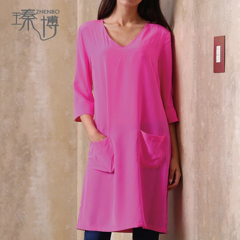 Sale Pure Silk Crepe Stone Washed Basic V Neck A Line Tunic Shirt Dress for female