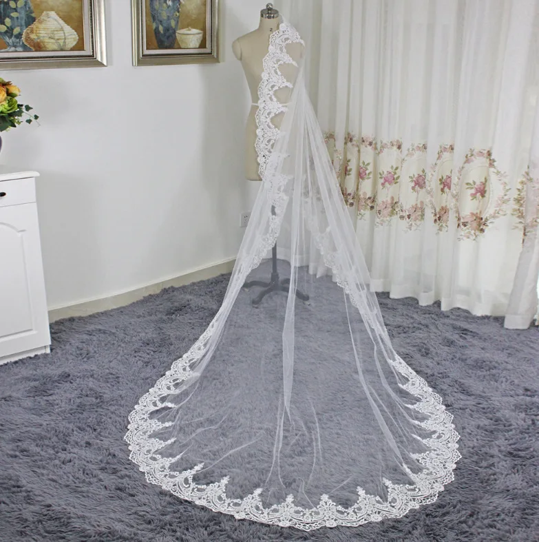 New style white ivory 3 meters long bridal accessory one layer lace wedding veils with comb MVA364