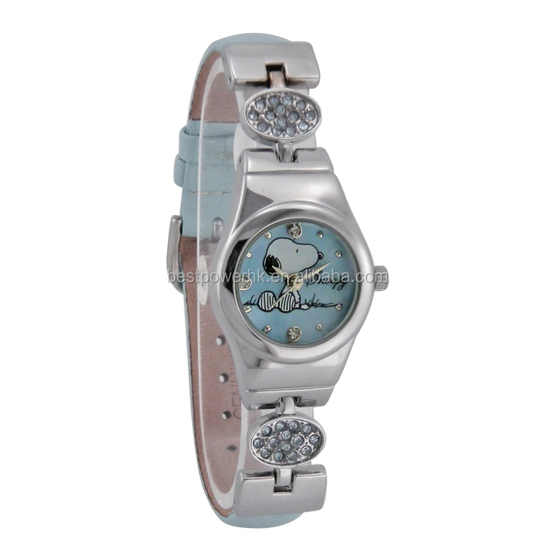 Новая мода синий бриллиант пояса из натуральной кожи ремень сплава случае snoopy часы кристалл алмаза синий циферблат дети часы
