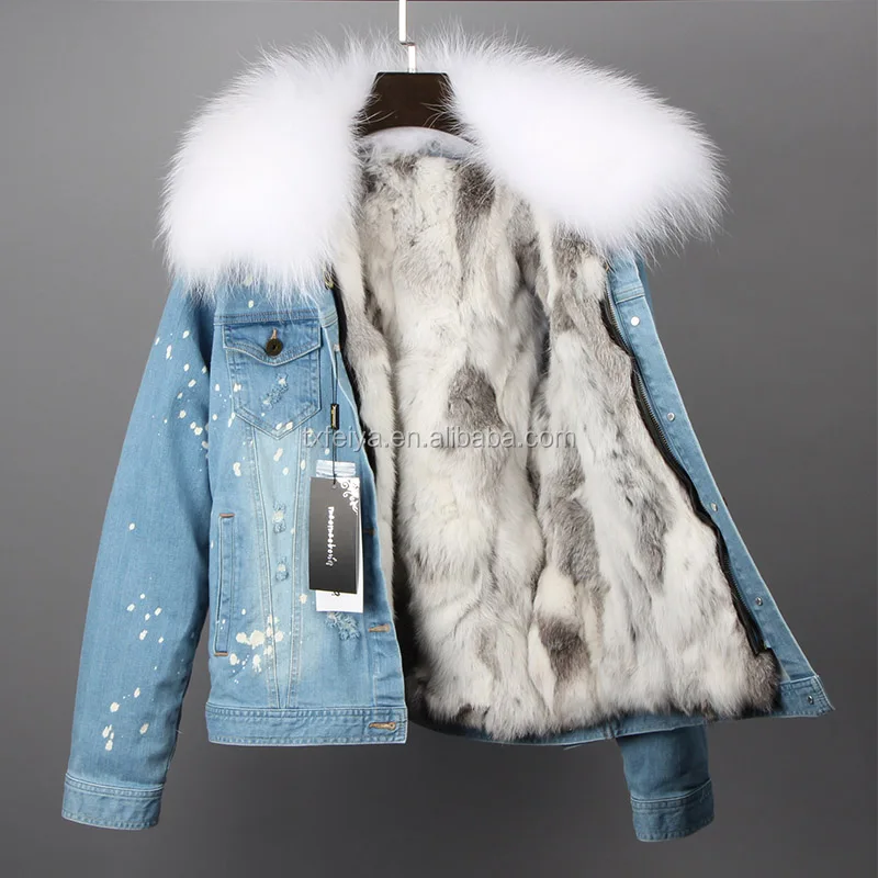 Raccoon fur collar coat and rex rabbit fur lining removable hooded denim jean jacket woman parka