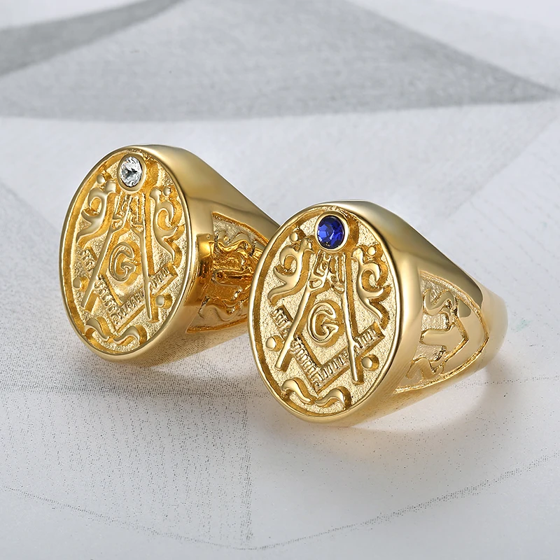 Punk 316L Stainless Steel Luxury Gold Color Masonic Clear Blue Zircon Finger Ring for Men Fashion Party Jewelry