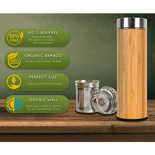 Wholesale Vacuum BPA Free Natural Bamboo Tumbler Water Bottle Tea Infuser