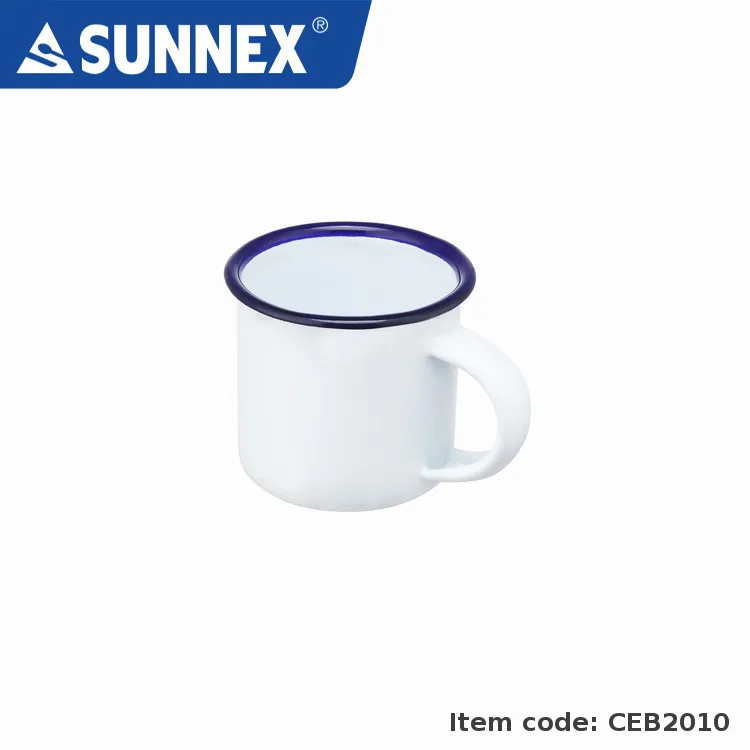 Sunnex Durable Steel Inner Blue Rim White Bowl Plate Cup Dish Mug Enamel Coating Tableware for Restaurant Hotel Crockery