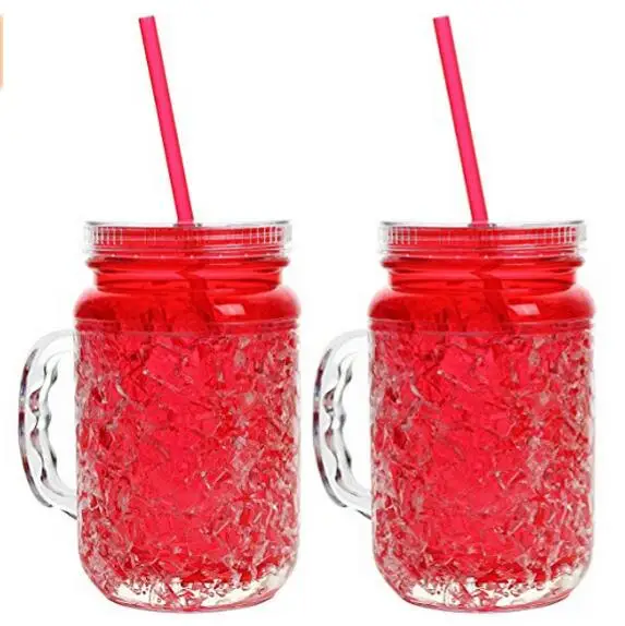 Plastic Mason Jar Frosty Freezer Mug, Double walled Gel Crystals with lid and straw, Great soda Beverage Mug