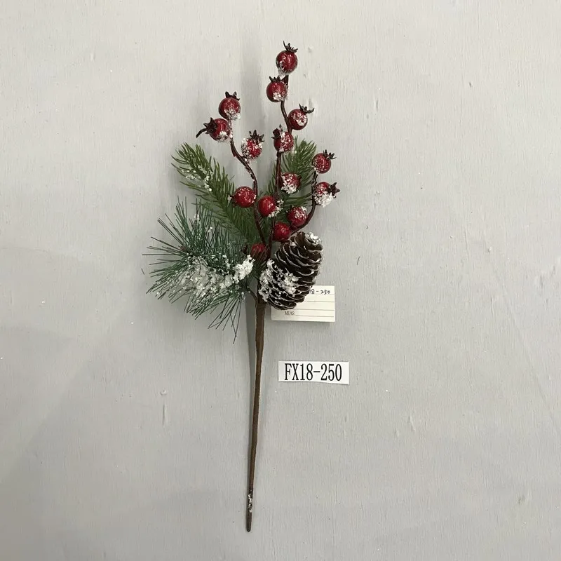 snowy Christmas floral picks with red berry and pine cone
