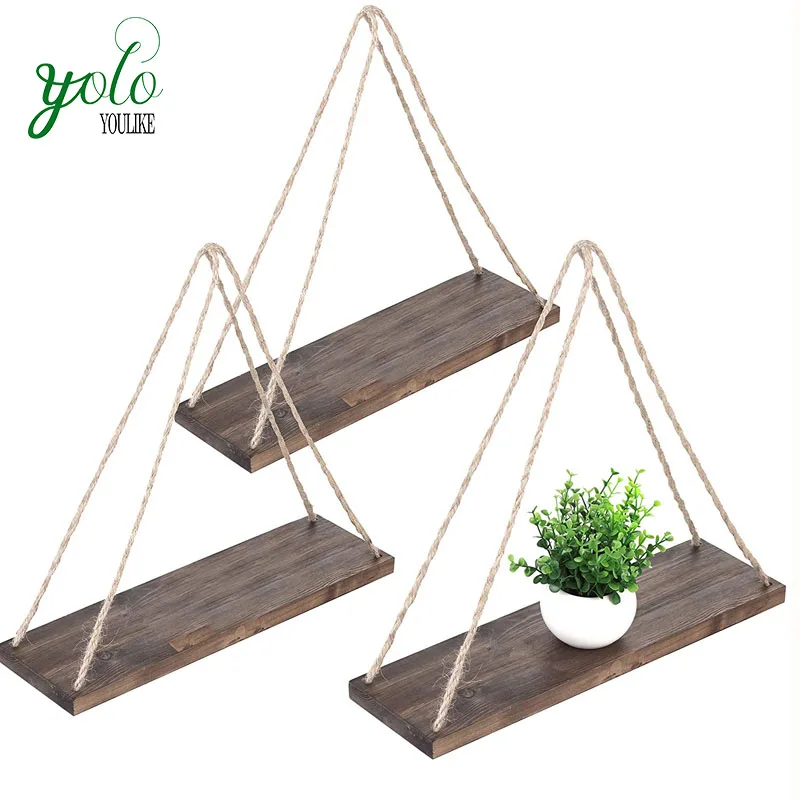 Набор из 3 деревянных подвесных веревочных поворотных полок в деревенском стиле