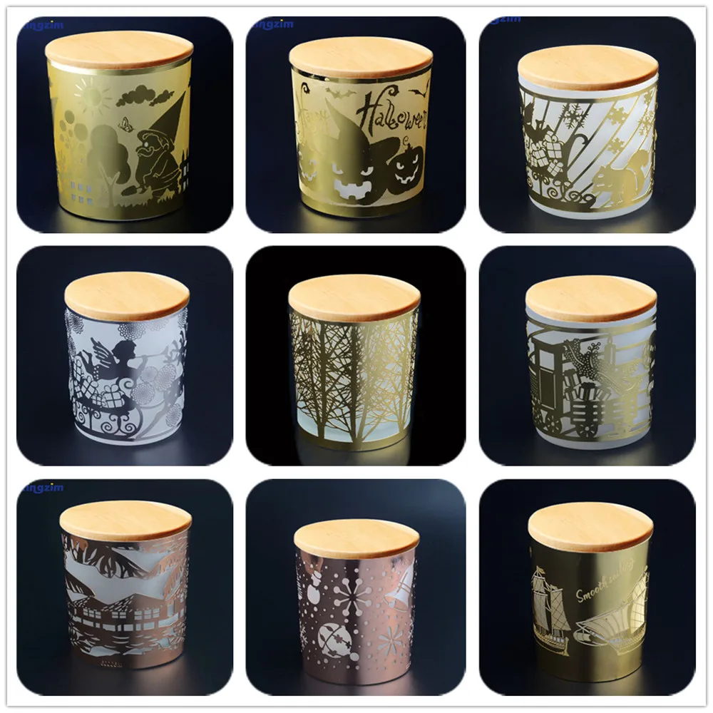 Customized luxury metal pattern decorate Candle container frosted glass candle jar with lid