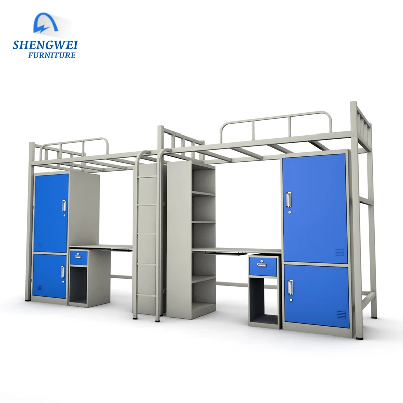School modern design steel bed frame dormitory bunk bed with desk and wardrobe