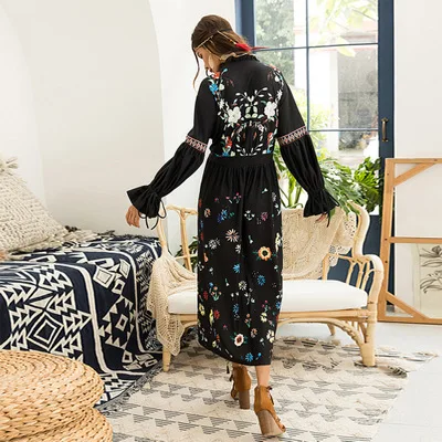 Женское элегантное ДРАПИРОВАННОЕ свободное платье с V-образным вырезом, расклешенными манжетами и длинным рукавом, хлопковое этническое платье