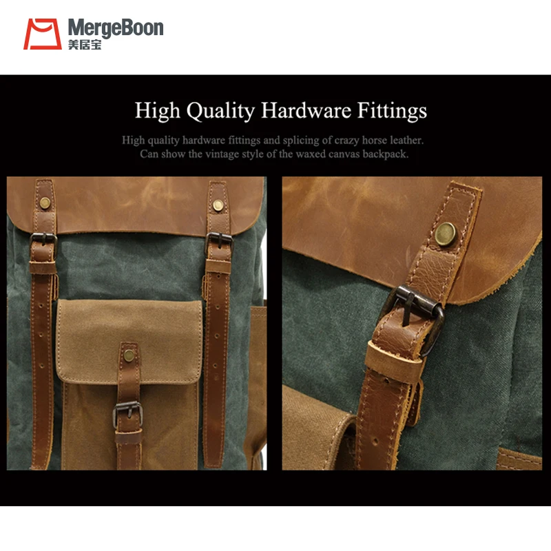 Unisex custom vintage waxed canvas genuine leather school backpack casual rucksack