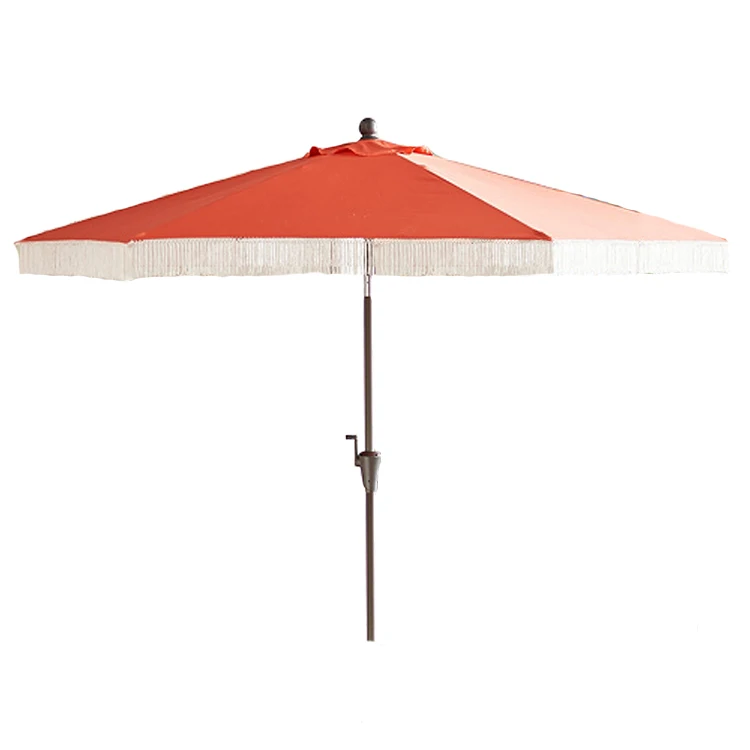 Courtyard Garden Table Black And White Striped Wood Patio Umbrella WIth Tassel