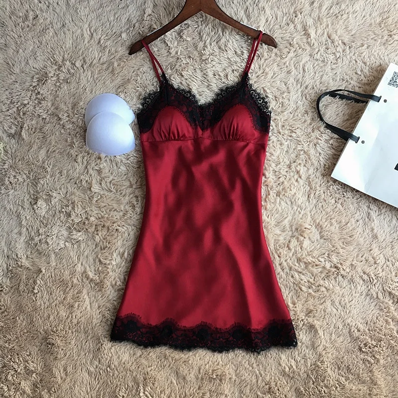 High Quality Lingerie Silk Sleepwear Sleeveless Chemise Pajamas Satin Lace Night Dress for Women