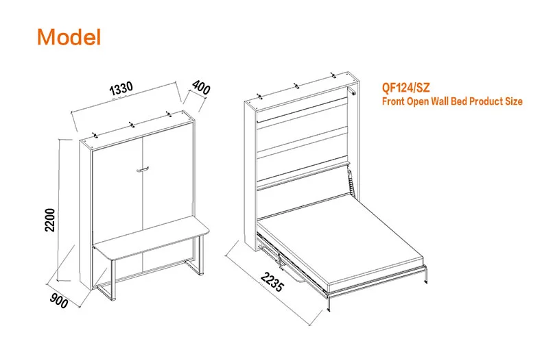 Mechanism for queen folding bed wall bed murphy bed with desk full size