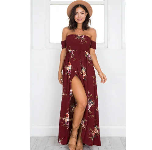 Boho style long dress women Off shoulder beach summer dresses Floral print Vintage chiffon white maxi dress vestidos de festa