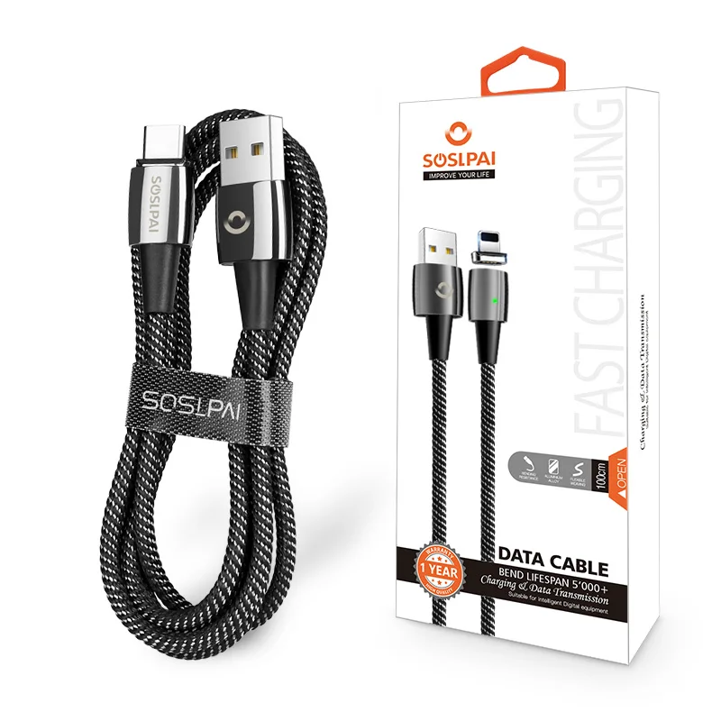 SOSLPAI high quality magnetic usb cable zinc alloy+nylon fabric magnetic 3 in 1 usb data charger cable