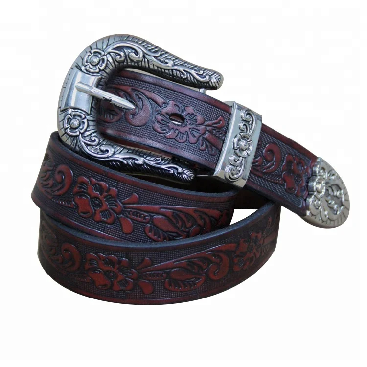 High Quality Unique Embossed Leather Belt with Carving Metal Buckle