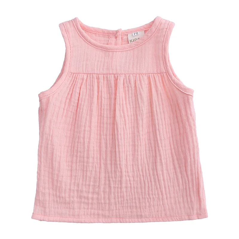 
RTS cheap Summer simple casual sleeveless shirts mustard muslin pleated tank tops shirts baby girls 