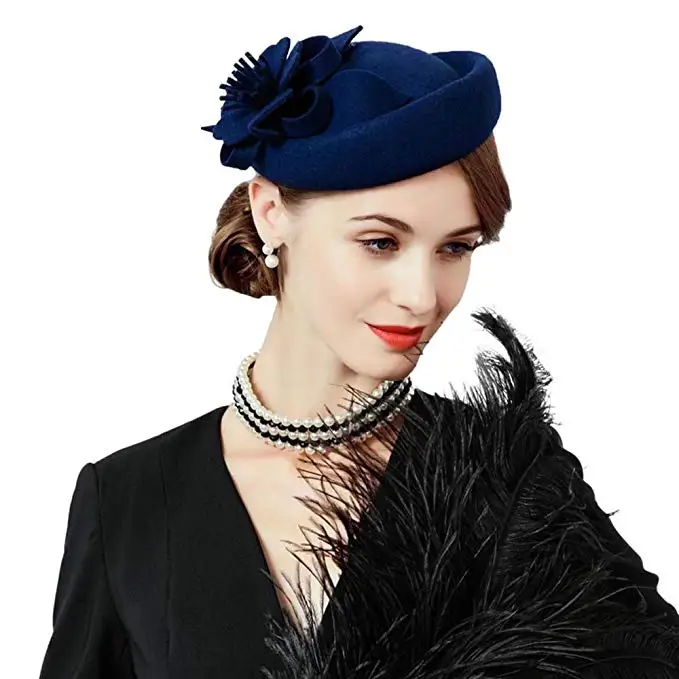 Navy Red Black Woman Formal Cocktail Church Fedoras Wool Felt Bridal Races Wedding Floral Fascinators Hats For Ladies Wholesale