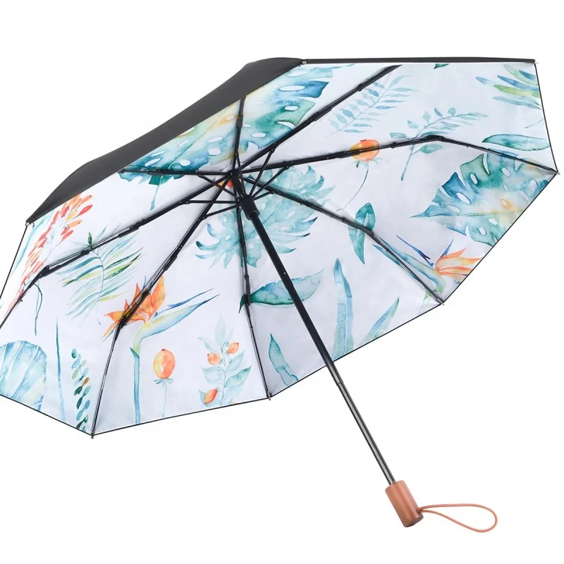 Standard size high quality anti uv 3 fold girl umbrella wooden handle umbrella