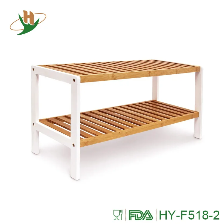 Free stand 2 tier storage shelf design holds up 8 pairs bamboo shoe rack with pine wood frame